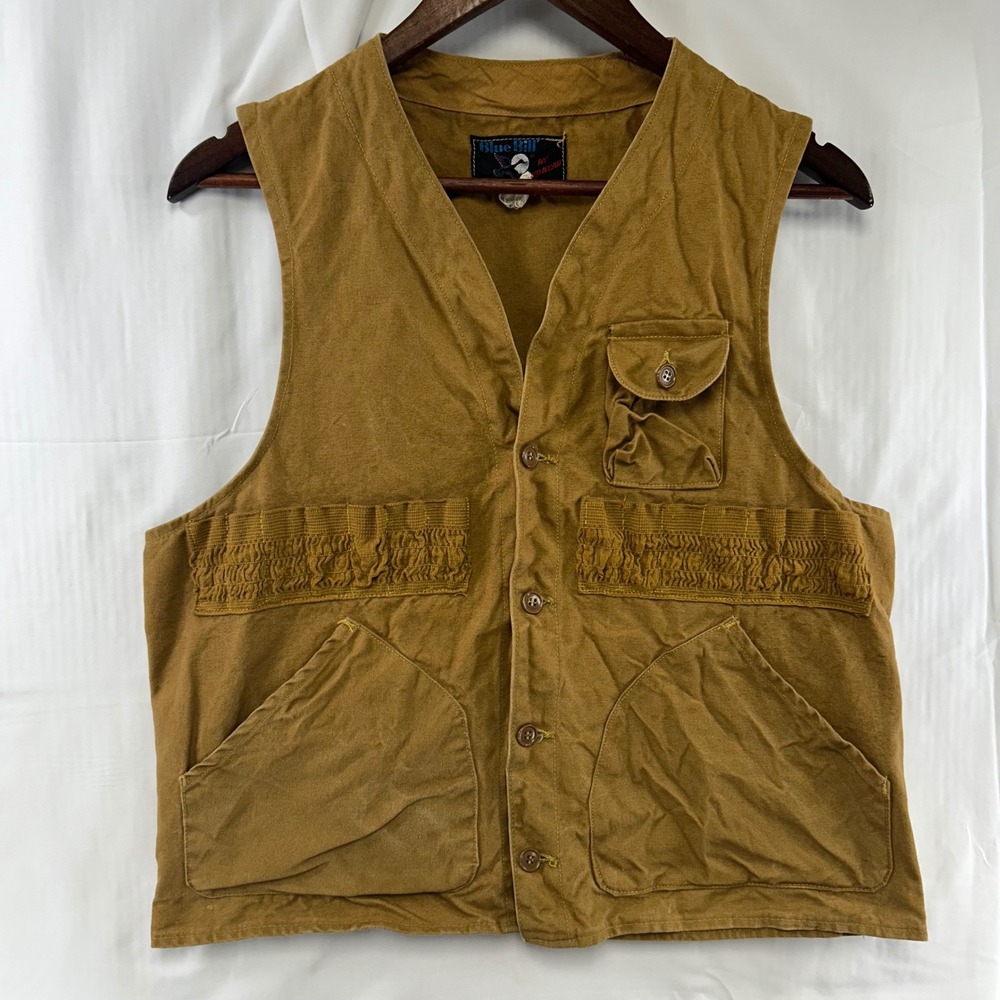 Vintage Blue Bill Red Head Hunting Vest Mens Small Tan Duck Canvas Utility